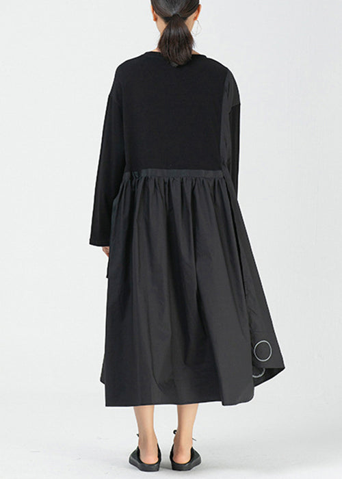 Loose Black Asymmetrical Print Cotton Dress Long Sleeve AA1010 Ada Fashion