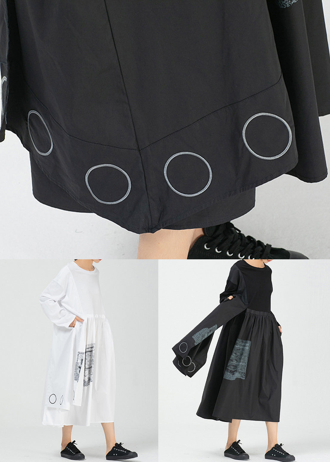 Loose Black Asymmetrical Print Cotton Dress Long Sleeve AA1010 Ada Fashion