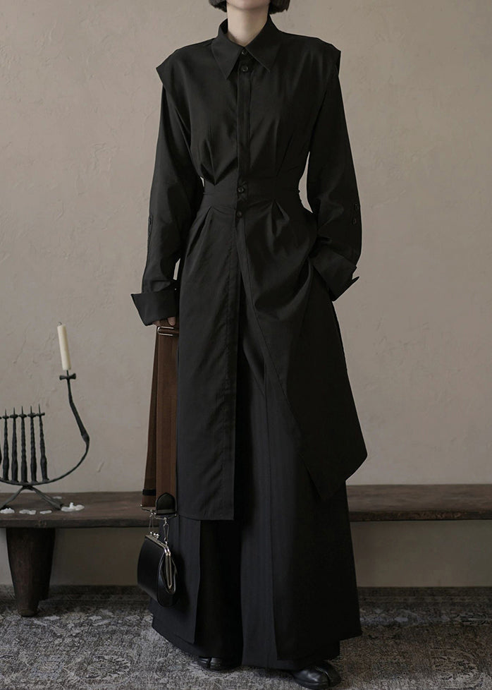Loose Black Button Shirts And Wide Leg Pants Cotton Two Pieces Set Spring YZ073 ABC