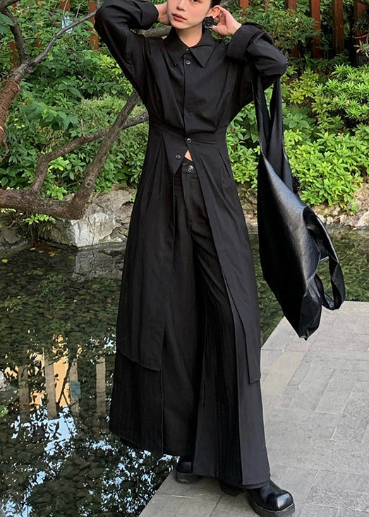 Loose Black Button Shirts And Wide Leg Pants Cotton Two Pieces Set Spring YZ073 ABC