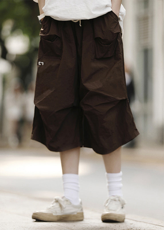 Loose Black Drawstring Pockets Patchwork Mens Crop Pants Summer YT014 Men-Silk-MENCP240721