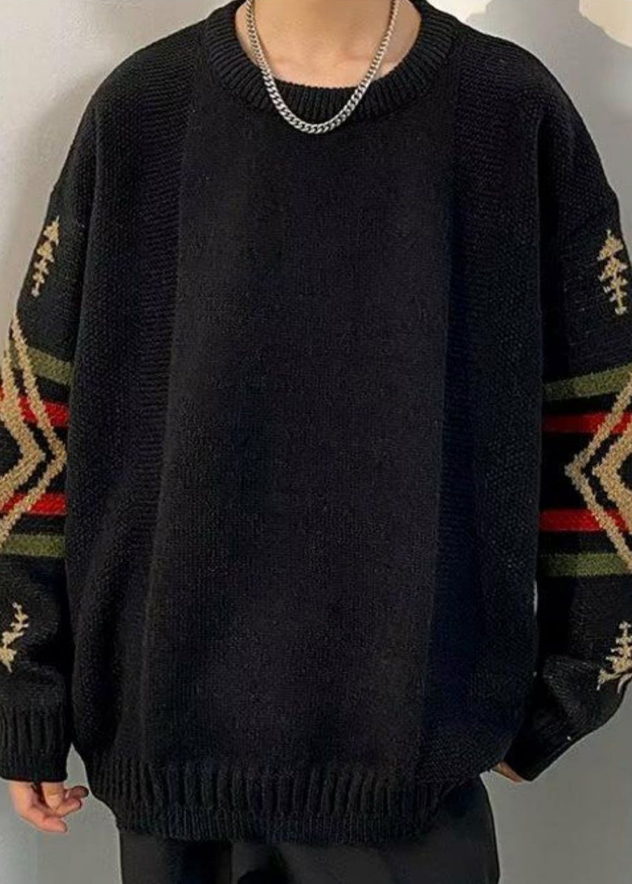 Loose Black Geometric Thick Knit Mens Sweaters Winter QF029 MENSW241016