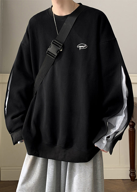 Men Loose Neck False Pieces Cotton O Two Black Sweatshirt Button FashionChic
