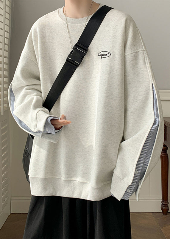 Men Loose Neck False Pieces Cotton O Two Black Sweatshirt Button FashionChic