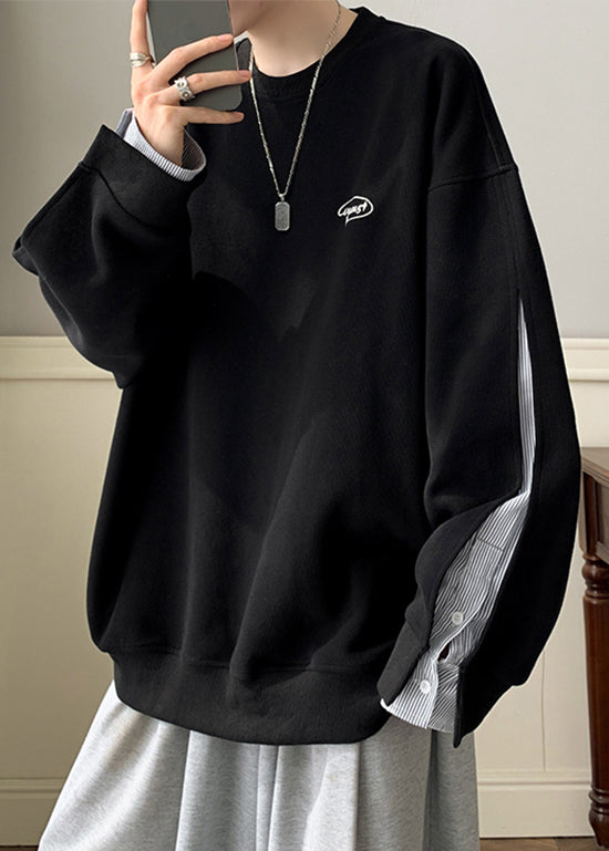 Men Loose Neck False Pieces Cotton O Two Black Sweatshirt Button FashionChic