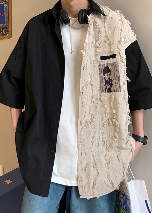 Design Half Loose Patchwork Cotton Black Shirts Original Men FashionChic