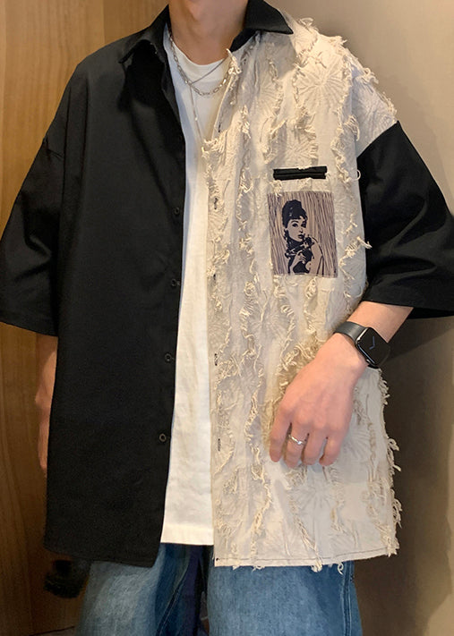 Design Half Loose Patchwork Cotton Black Shirts Original Men FashionChic