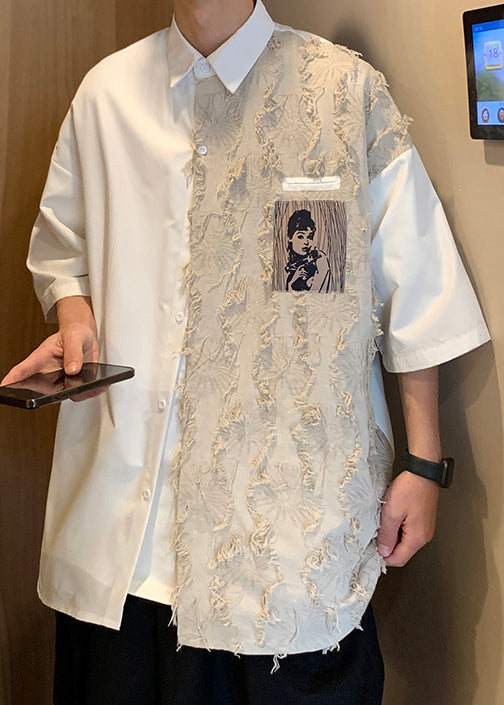Design Half Loose Patchwork Cotton Black Shirts Original Men FashionChic