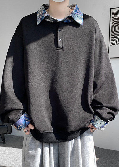 Pan Mens Cotton Collar Black Patchwork Sweatshirts Peter Loose FashionChic