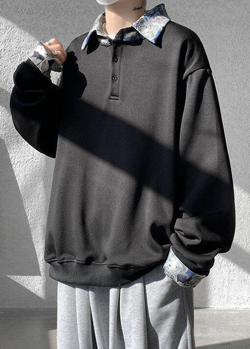 Pan Mens Cotton Collar Black Patchwork Sweatshirts Peter Loose FashionChic