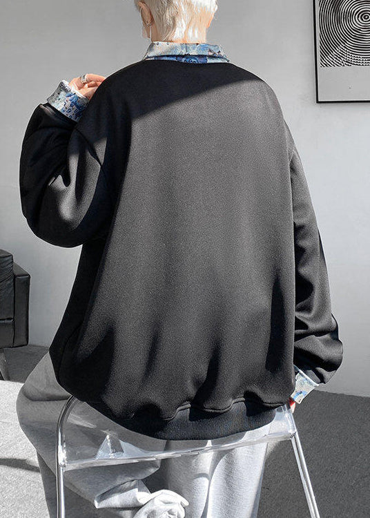 Pan Mens Cotton Collar Black Patchwork Sweatshirts Peter Loose FashionChic