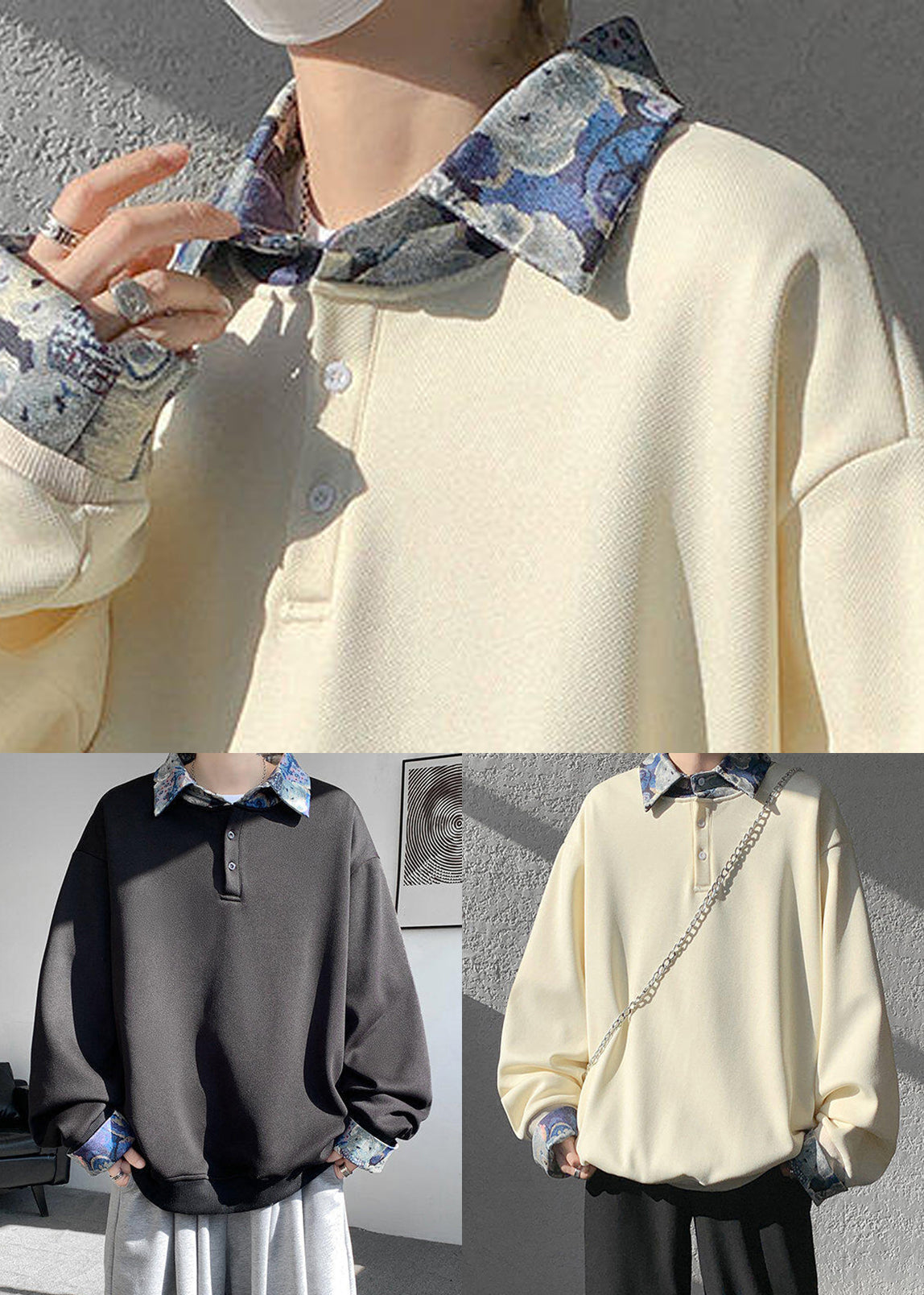 Pan Mens Cotton Collar Black Patchwork Sweatshirts Peter Loose FashionChic