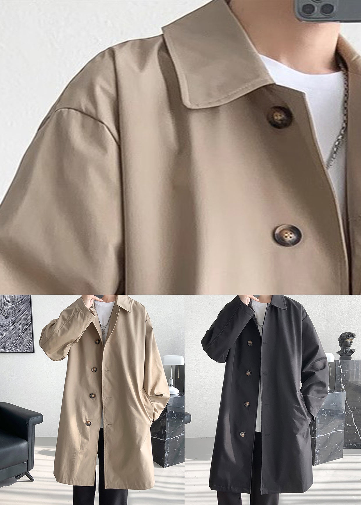 Loose Black Peter Pan Collar Pockets Cotton Coats Men Coat Spring YQ005 ABC
