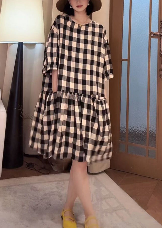 Cotton Loose Sleeve Half Dress Pockets Plaid Black FashionChic
