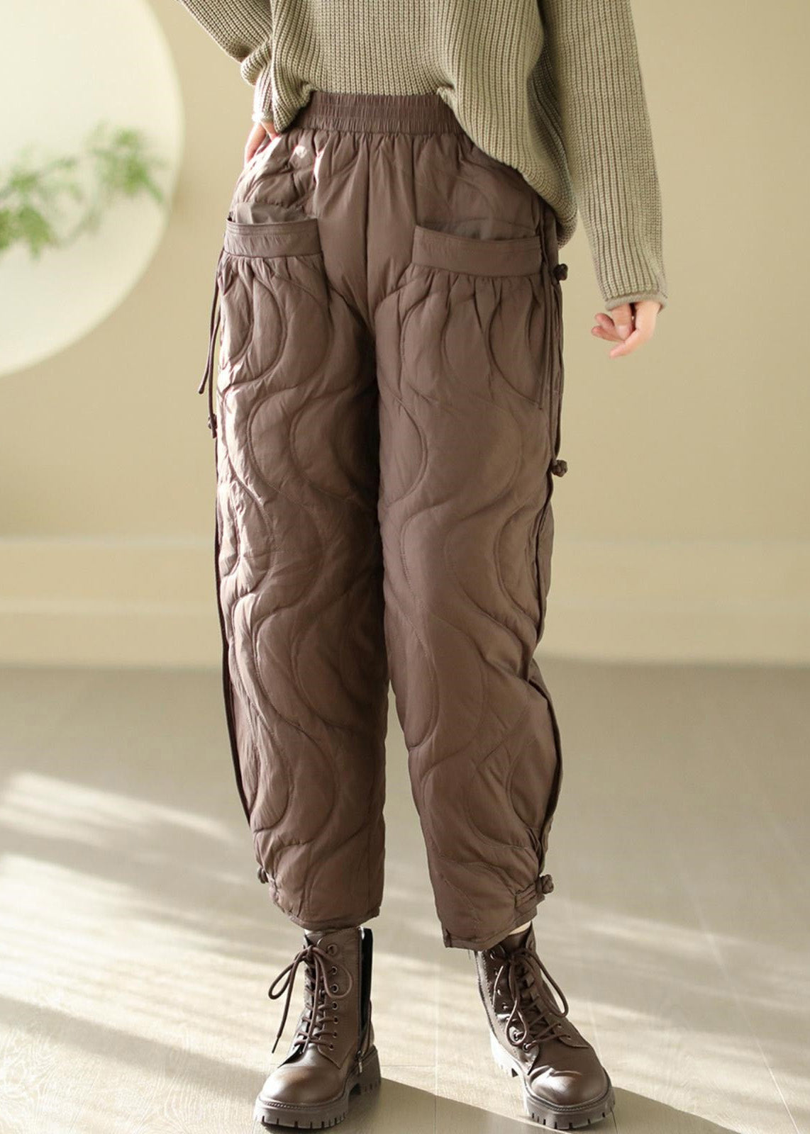 Loose Black Pockets Elastic Waist Thick Warm Pants Winter RK001 ABC1