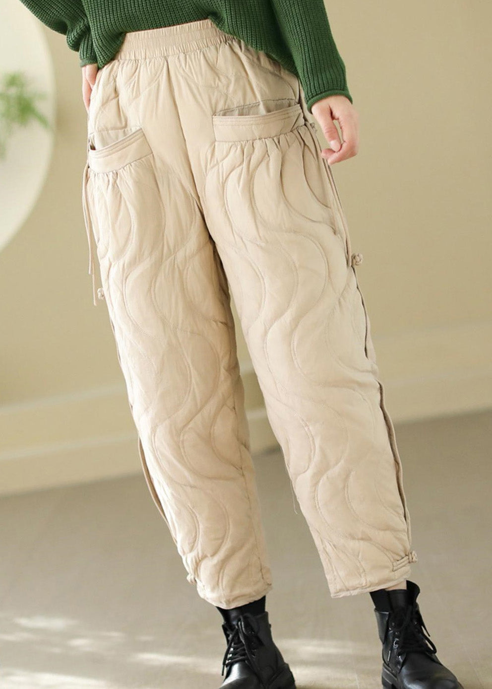 Loose Black Pockets Elastic Waist Thick Warm Pants Winter RK001 ABC1