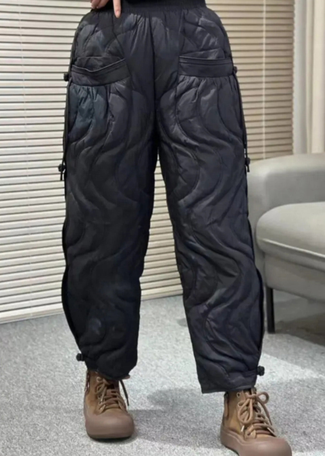 Loose Black Pockets Elastic Waist Thick Warm Pants Winter RK001 ABC1