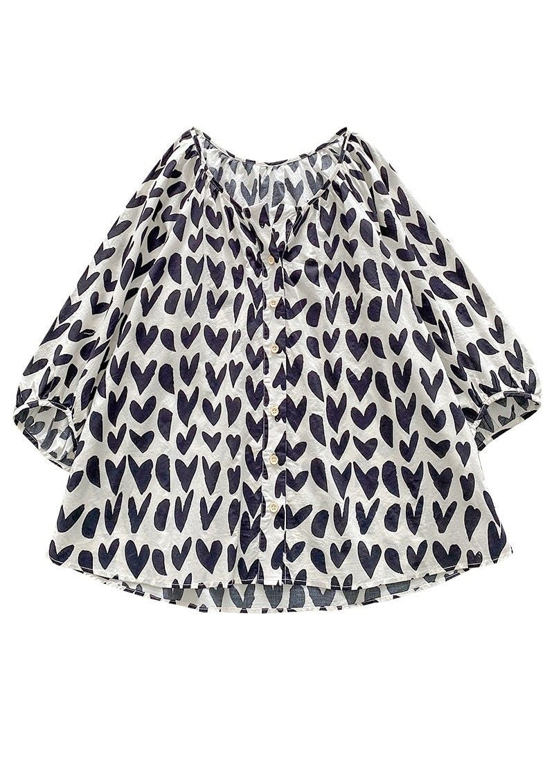 Bracelet Shirts Loose Print Cotton Black Button Sleeve FashionChic