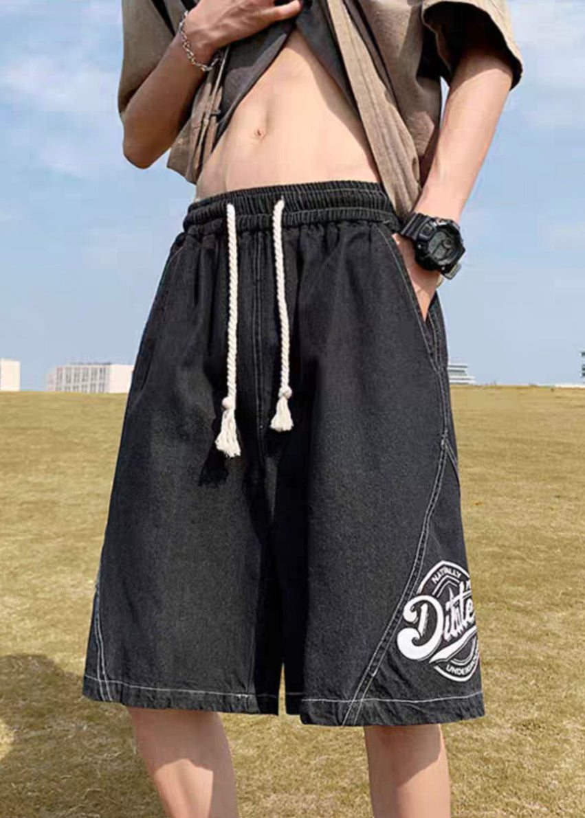 Loose Black Print Elastic Waist Denim Men Shorts Summer YL024 ABC