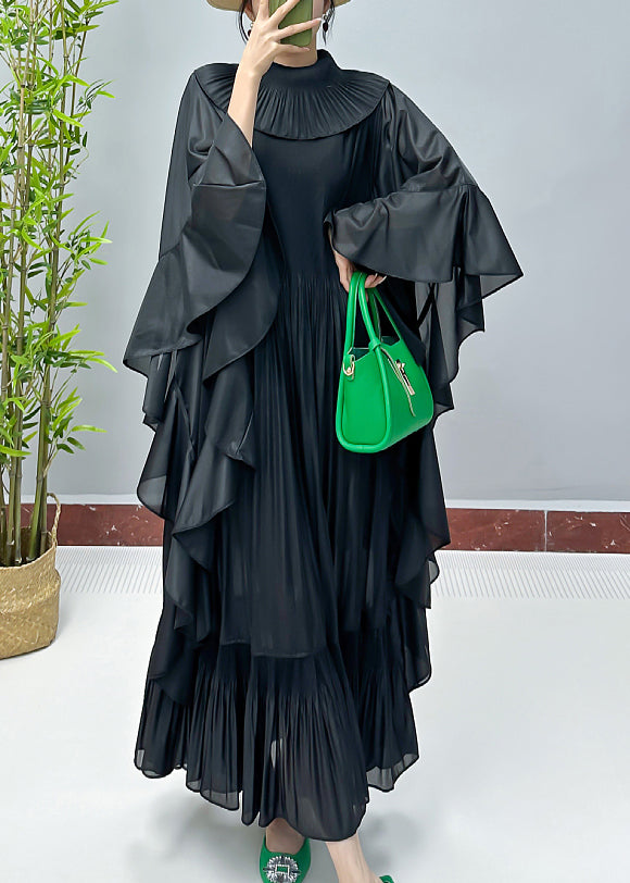 Loose Black Solid Ruffled Cotton Dresses Butterfly Sleeve AA1049 Ada Fashion