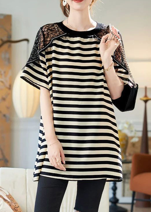 Lace Shirts Patchwork Loose Black Summer T Striped Cotton FashionChic