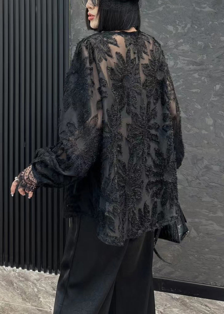 Loose Black V Neck Solid Chiffon Shirt Long Sleeve OP1044 Ada Fashion