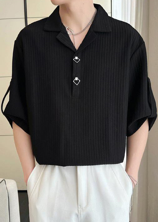 Men Shirt Cotton Solid Wrinkled Half Black Sleeve Loose Polo FashionChic