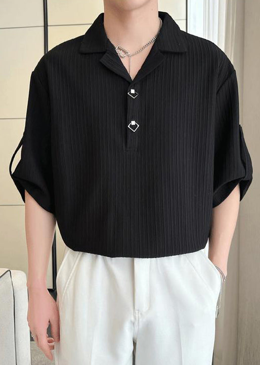 Men Shirt Cotton Solid Wrinkled Half Black Sleeve Loose Polo FashionChic