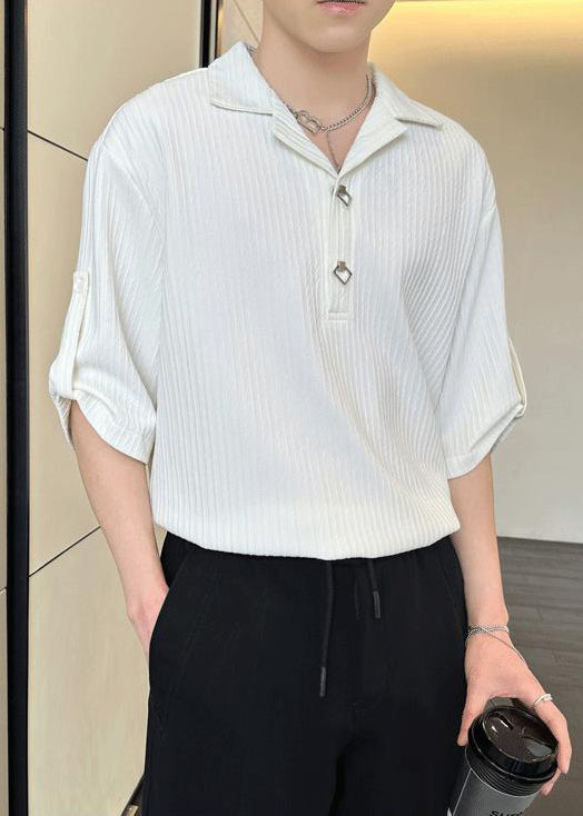 Men Shirt Cotton Solid Wrinkled Half Black Sleeve Loose Polo FashionChic