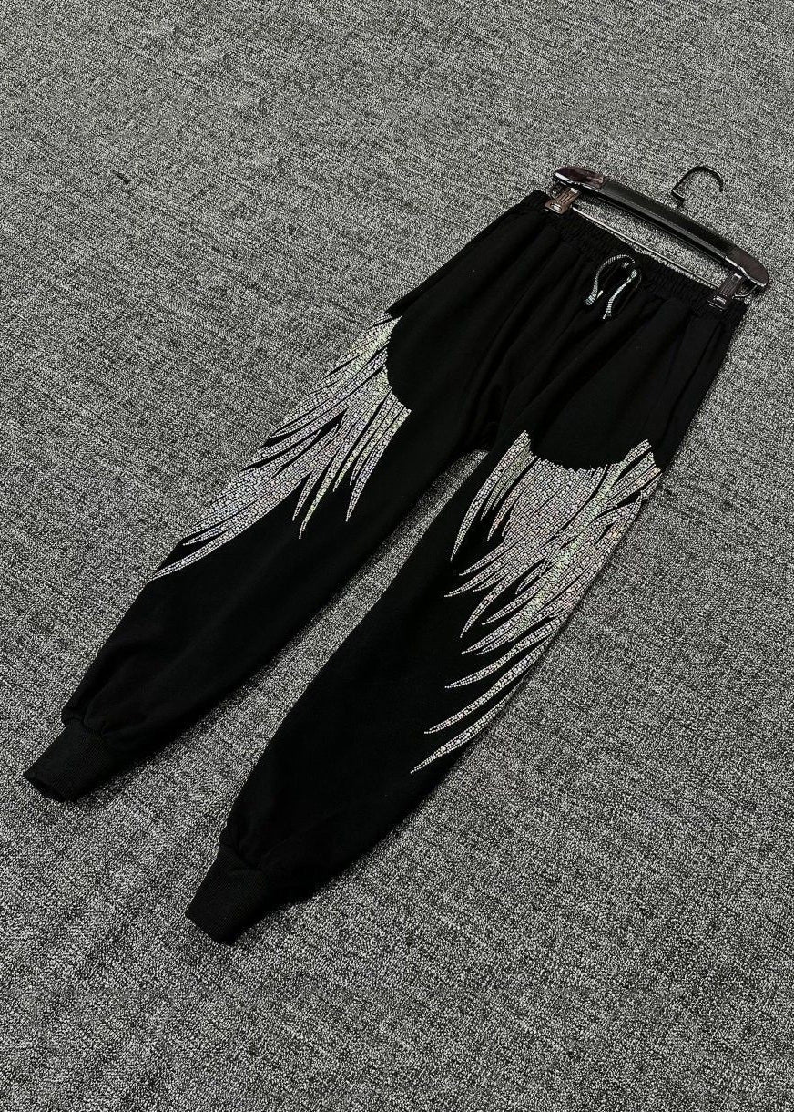 Loose Black Zircon Elastic Waist Cotton Crop Pants Fall RK032 ABC