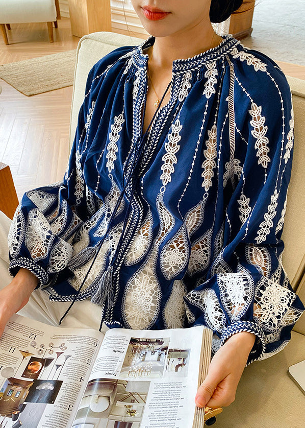 Up Blouses Cotton Loose Out Blue Lace Hollow Spring FashionChic