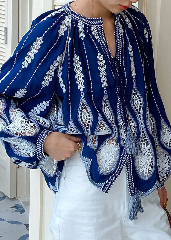 Up Blouses Cotton Loose Out Blue Lace Hollow Spring FashionChic