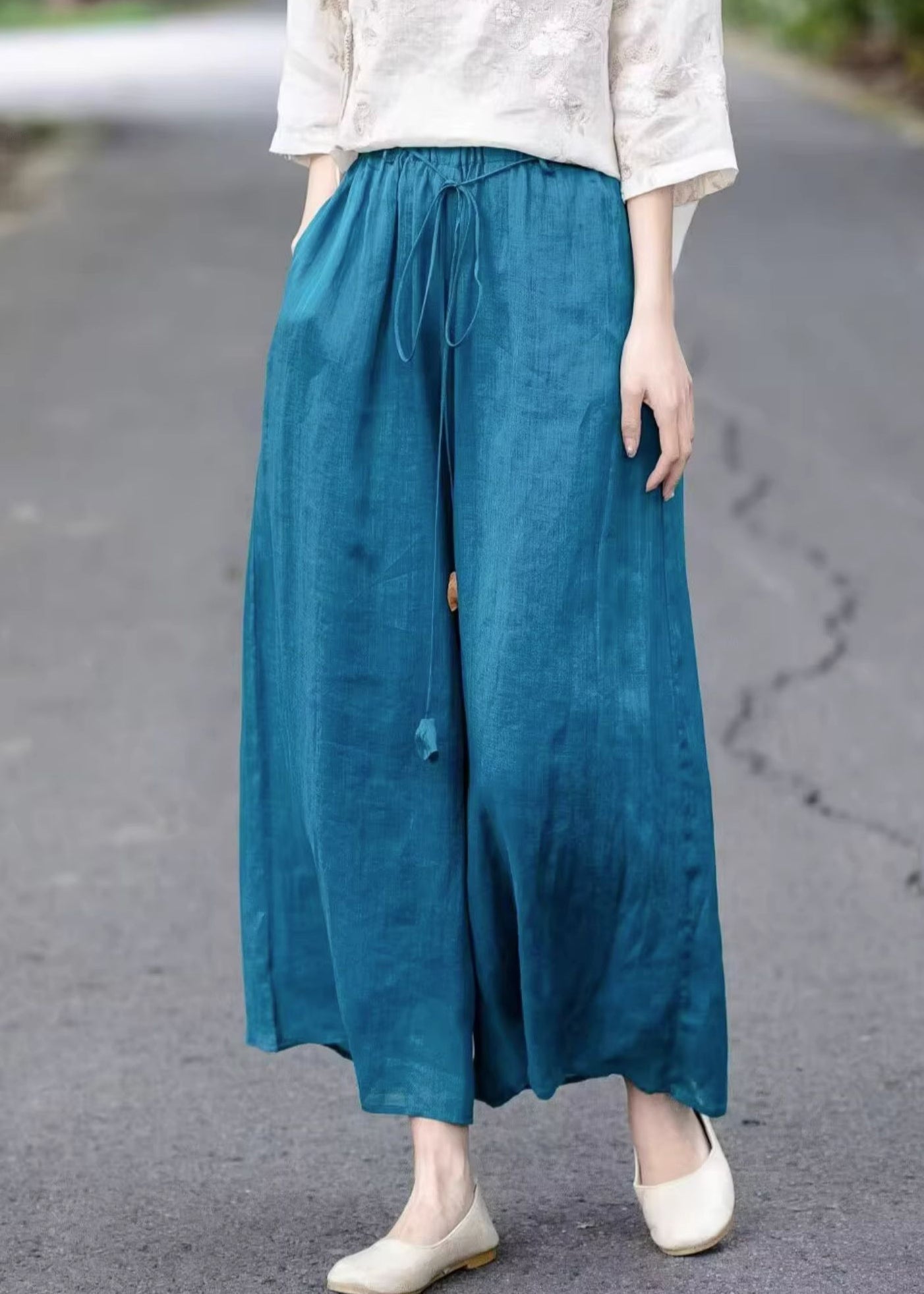 Elastic Summer Blue Loose Leg Waist Lace Cotton Up Wide Pants FashionChic