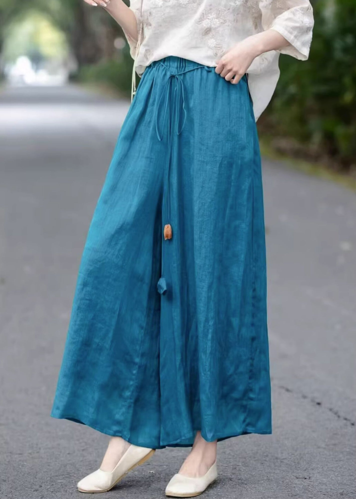 Elastic Summer Blue Loose Leg Waist Lace Cotton Up Wide Pants FashionChic