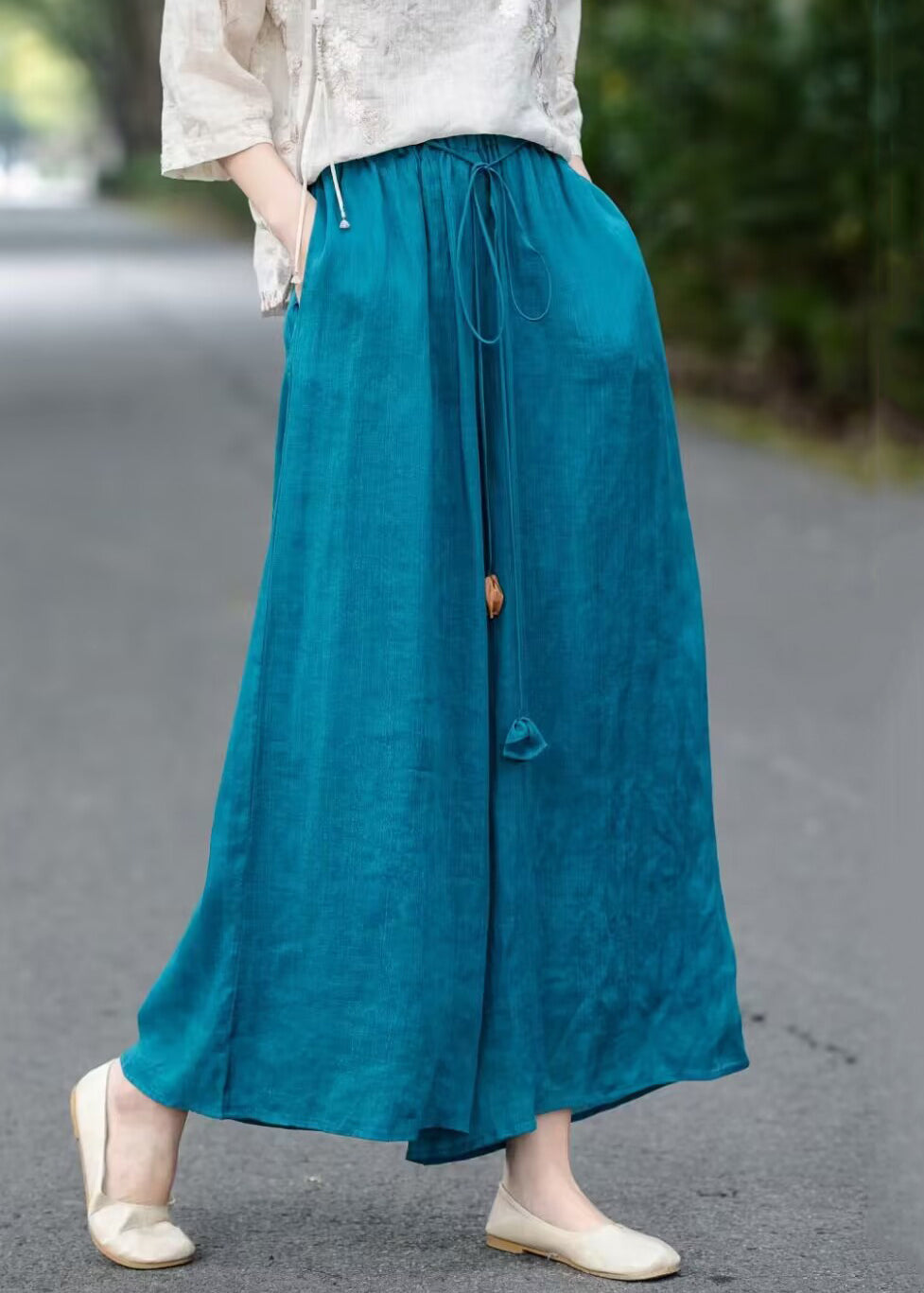 Elastic Summer Blue Loose Leg Waist Lace Cotton Up Wide Pants FashionChic