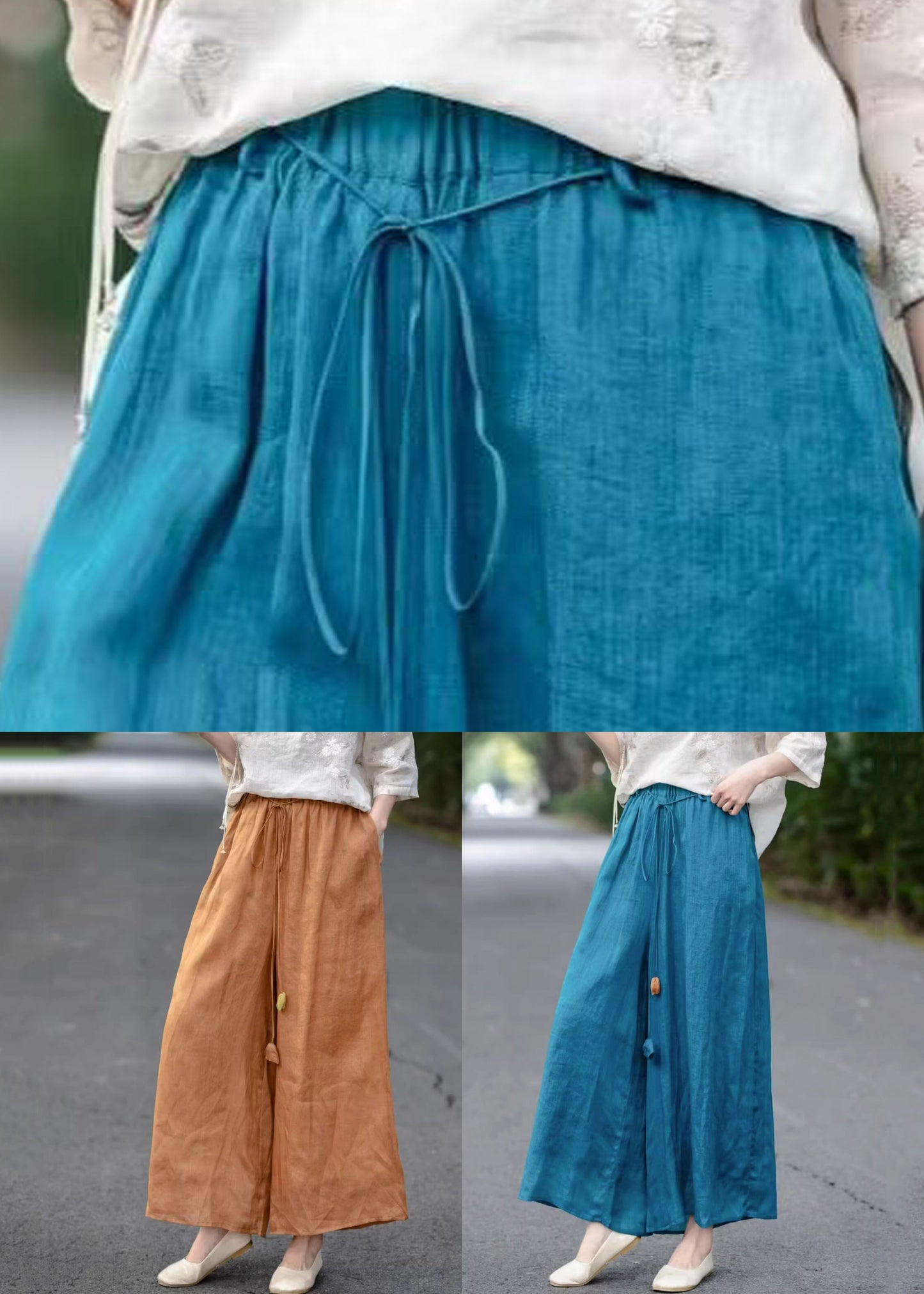 Elastic Summer Blue Loose Leg Waist Lace Cotton Up Wide Pants FashionChic