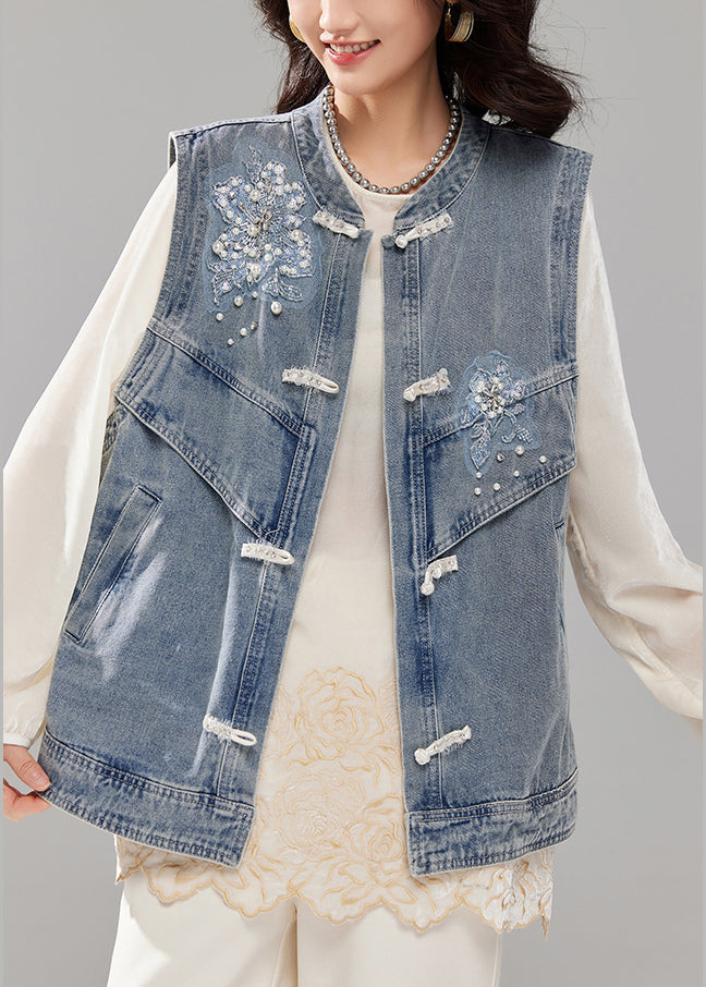 Loose Blue Nail Bead Button Pockets Denim Waistcoat Sleeveless AC1020 Genistyle Shop