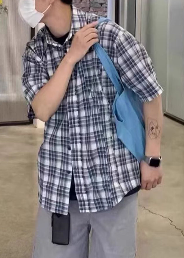 Men's Blue Summer Shirts Plaid Loose Cotton Button FashionChic