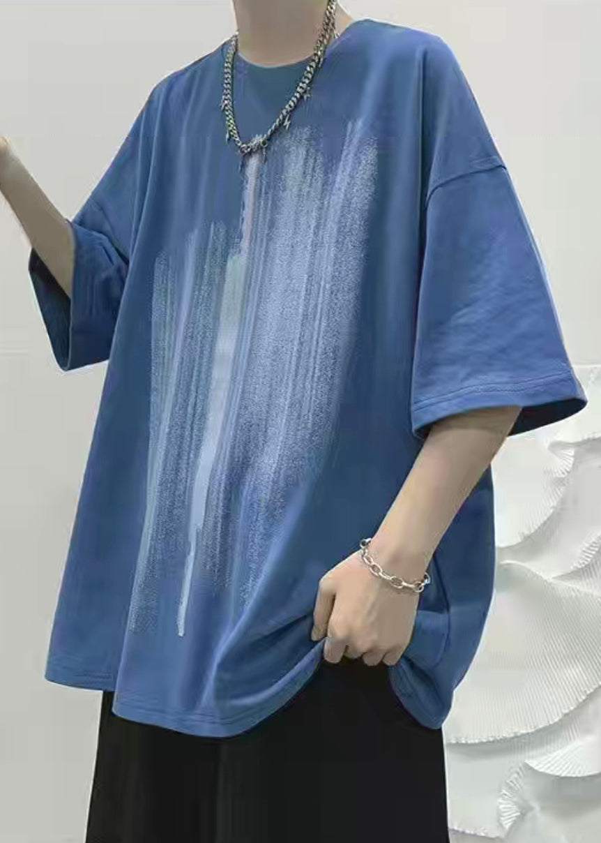 Loose Shirt Men Cozy Half Cotton Print T Blue Sleeve FashionChic