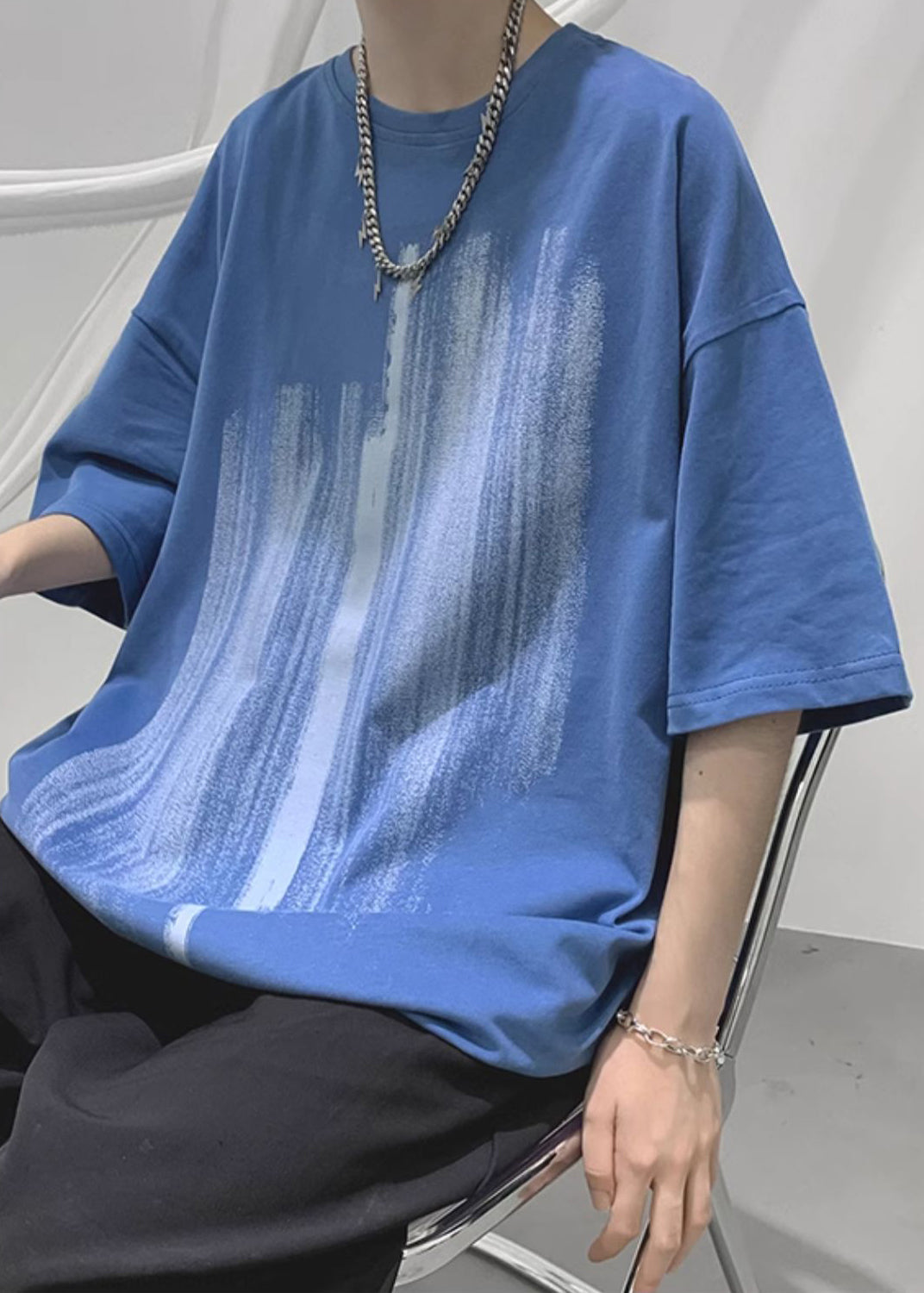 Loose Shirt Men Cozy Half Cotton Print T Blue Sleeve FashionChic