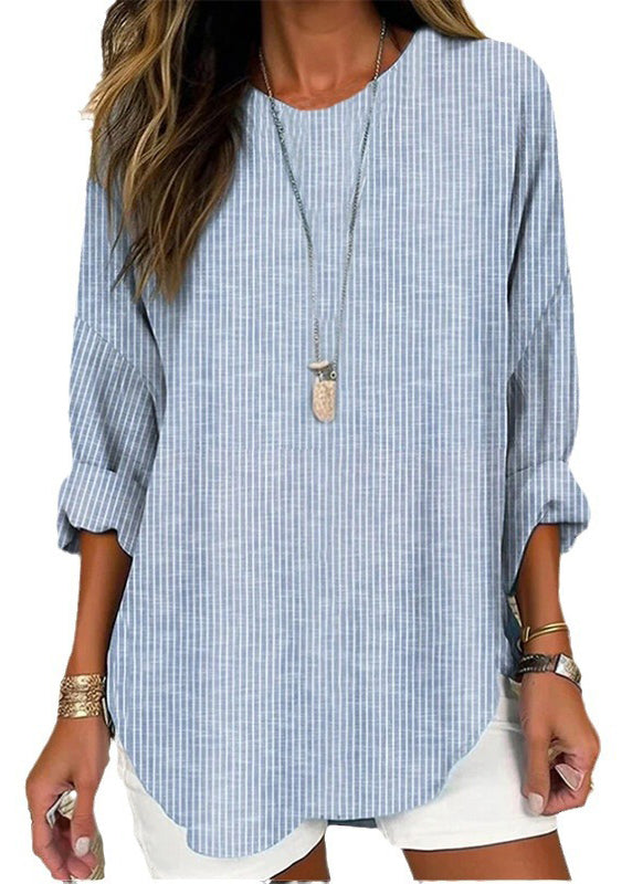 Loose Blue Striped O-Neck Patchwork Cotton Blouses Fall QA014 OM-BB241009