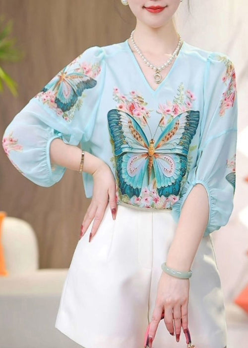 Sleeve V Shirt Print Blue Neck Loose Chiffon Bracelet FashionChic