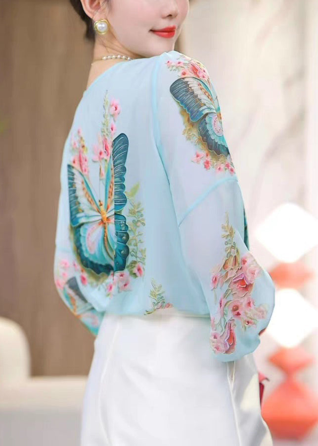 Sleeve V Shirt Print Blue Neck Loose Chiffon Bracelet FashionChic