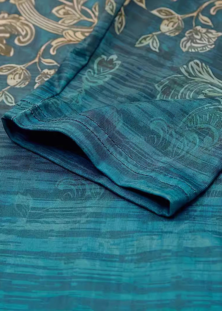 Loose Blue V Neck Print Cotton Mid Dress Long Sleeve AA1037 Ada Fashion
