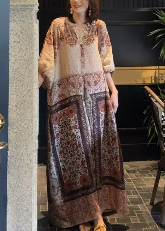 Dress Button Pockets Cotton Long Half Loose Sleeve Print FashionChic