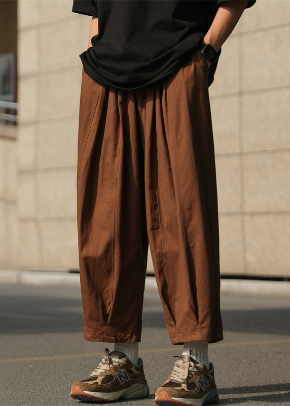 Crop Chocolate Summer Elastic Mens Pants Cotton Loose Solid Waist FashionChic