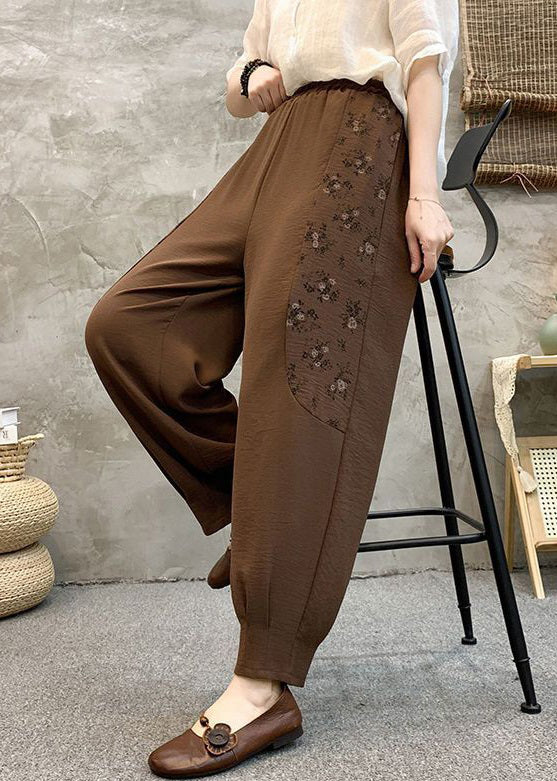 Loose Coffee Pockets Elastic Waist Cotton Crop Pants Summer AU1047 MZF-240903