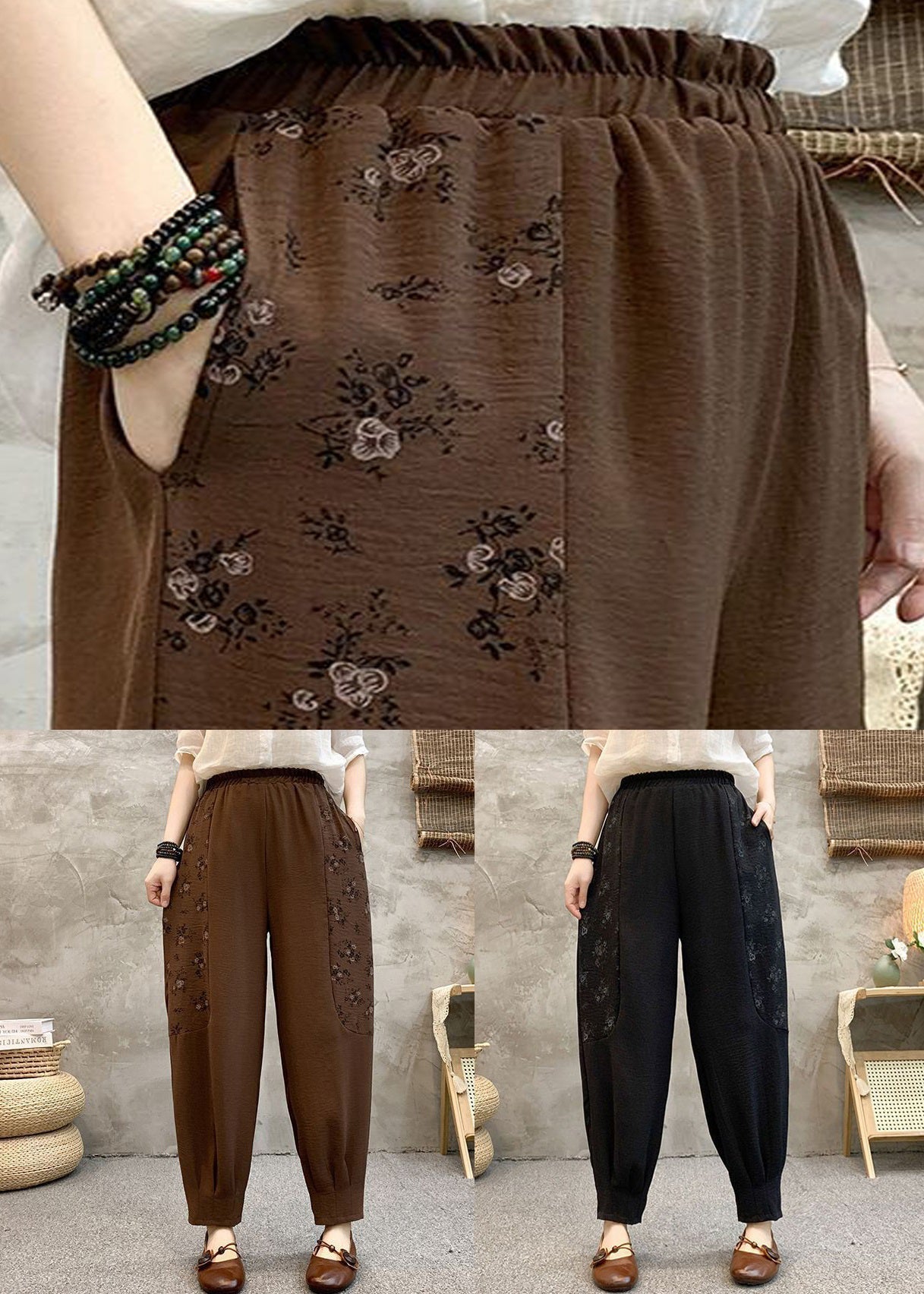 Loose Coffee Pockets Elastic Waist Cotton Crop Pants Summer AU1047 MZF-240903