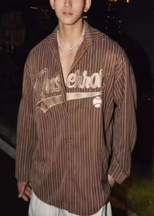 Loose Striped Men Shirts Cotton Letter Coffee Spring FashionChic