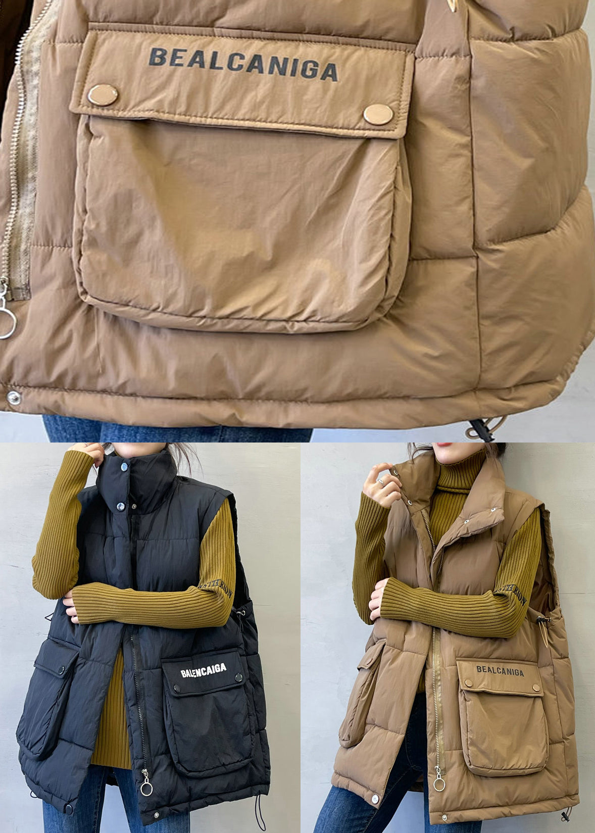 Loose Coffee Zip Up Letter Pockets Cotton Filled Waistcoat Sleeveless YW010 ABC